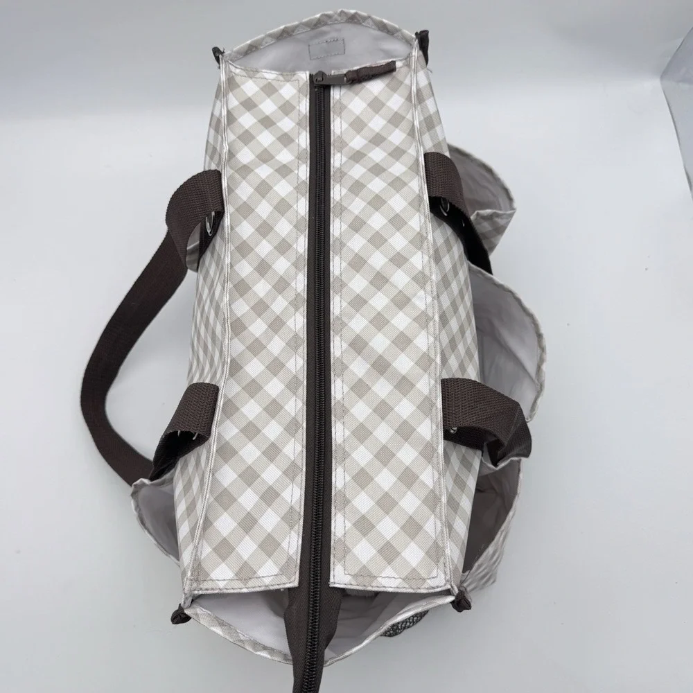 Thirty One 31 Zip Top Organizing Tote 7 Pocket Medium Taupe Brown Gingham Bag